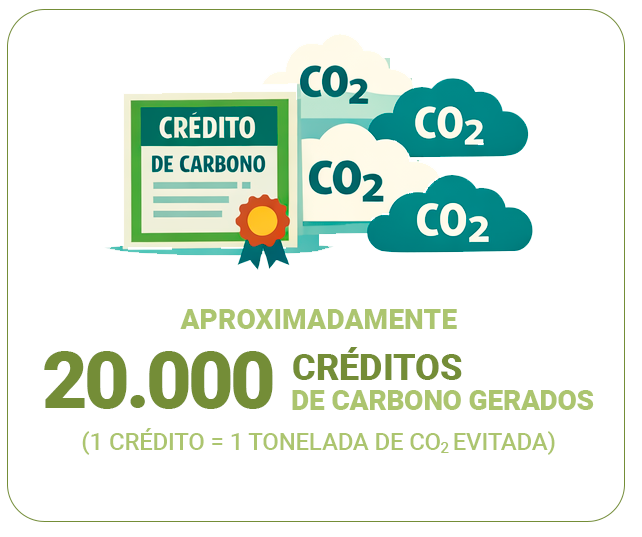 Infográfico: • Aproximadamente 20.000 créditos de carbono gerados a partir desta reciclagem, considerando que cada crédito corresponde a 1 tonelada de CO₂ equivalente evitada.[