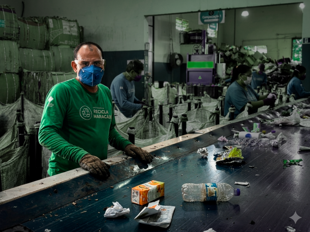 Catador trabalha separando o lixo em uma esteira, dentro de um galpão de reciclagem.